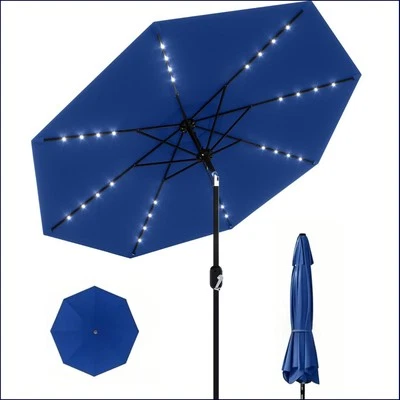 9 FT Solar LED Patio Umbrella 8 Ribs Outdoor Tilt Crank Market Table Umbrella US