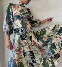 ALEMAIS Loretta Patchwork Cut Out Dress AU UK 10/US 6 Shirtdress Midi Linen