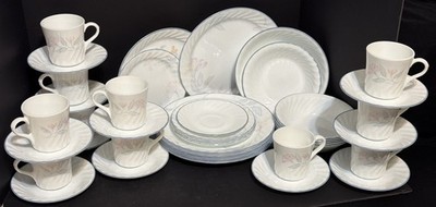 Corelle by Corning Pink Trio Lot of 43, Plates Bowls Cups & Saucers Floral Swirl