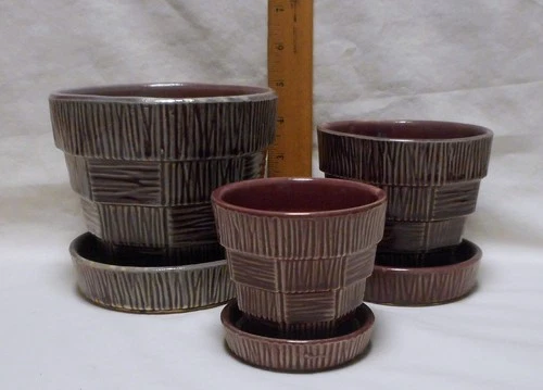 3 Vintage McCoy USA Pottery Basket Weave Mauve Flower Pots Planters Lot