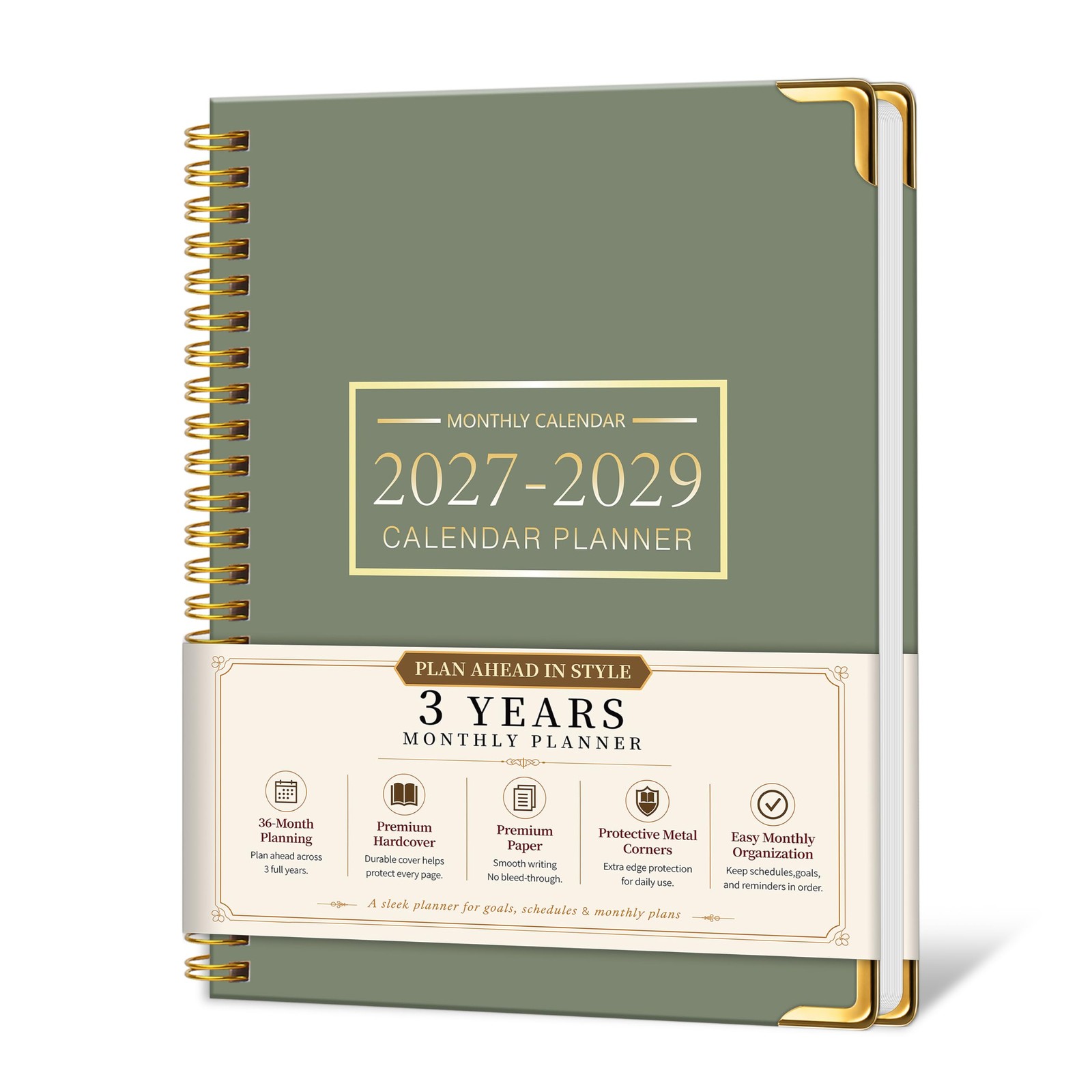 2027-2029 Monthly Planner, 3-Year 8.5 x 11 inches, Green （Jan.2027-Dec.2029 )