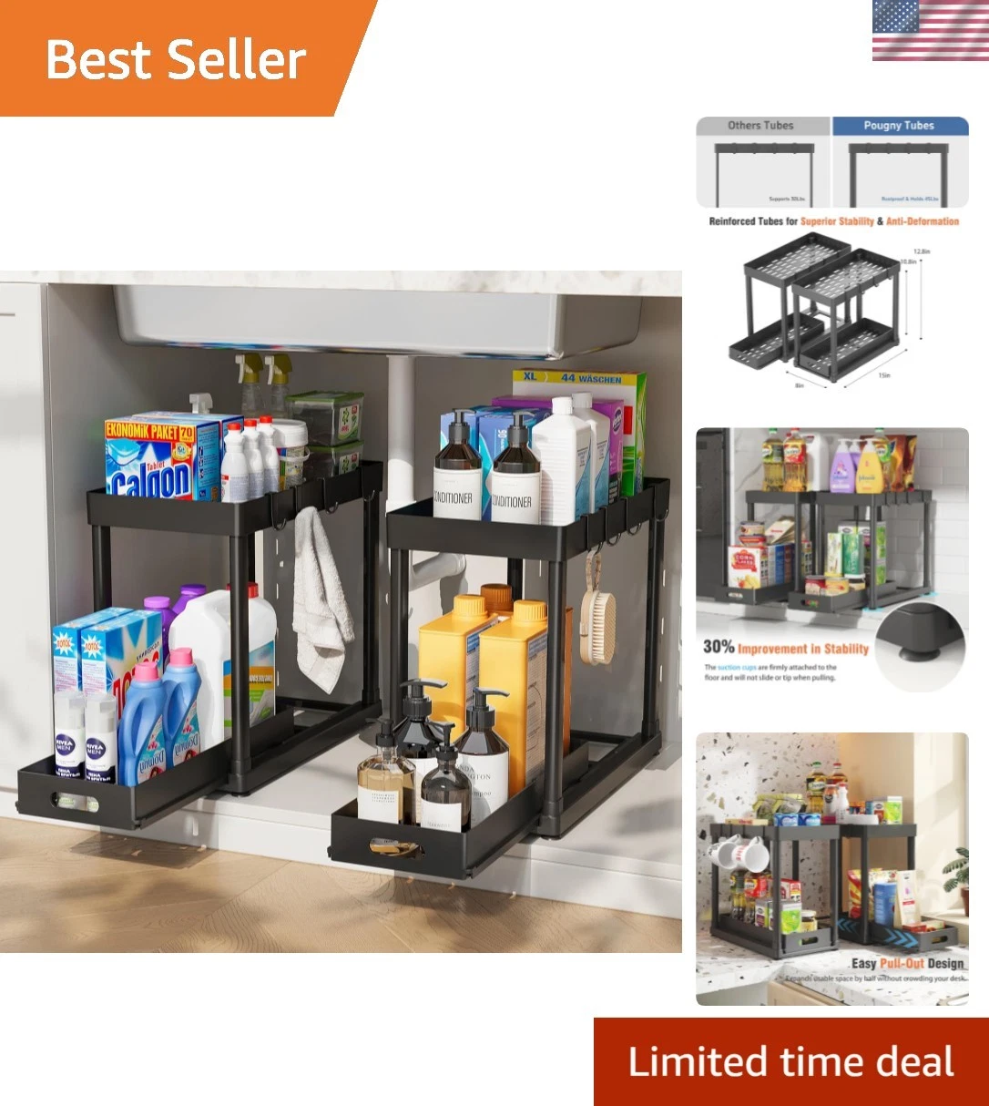 2 Pack Pull-Out Storage Organizers, Under Sink Organizer and Storage for Bath...