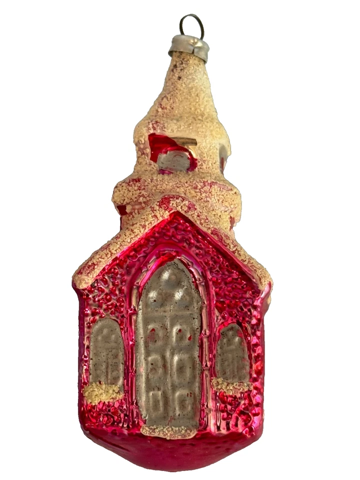 复古 3.75 英寸西德玻璃教堂装饰红色云母雪石 1950 — 第 4/4 张图片