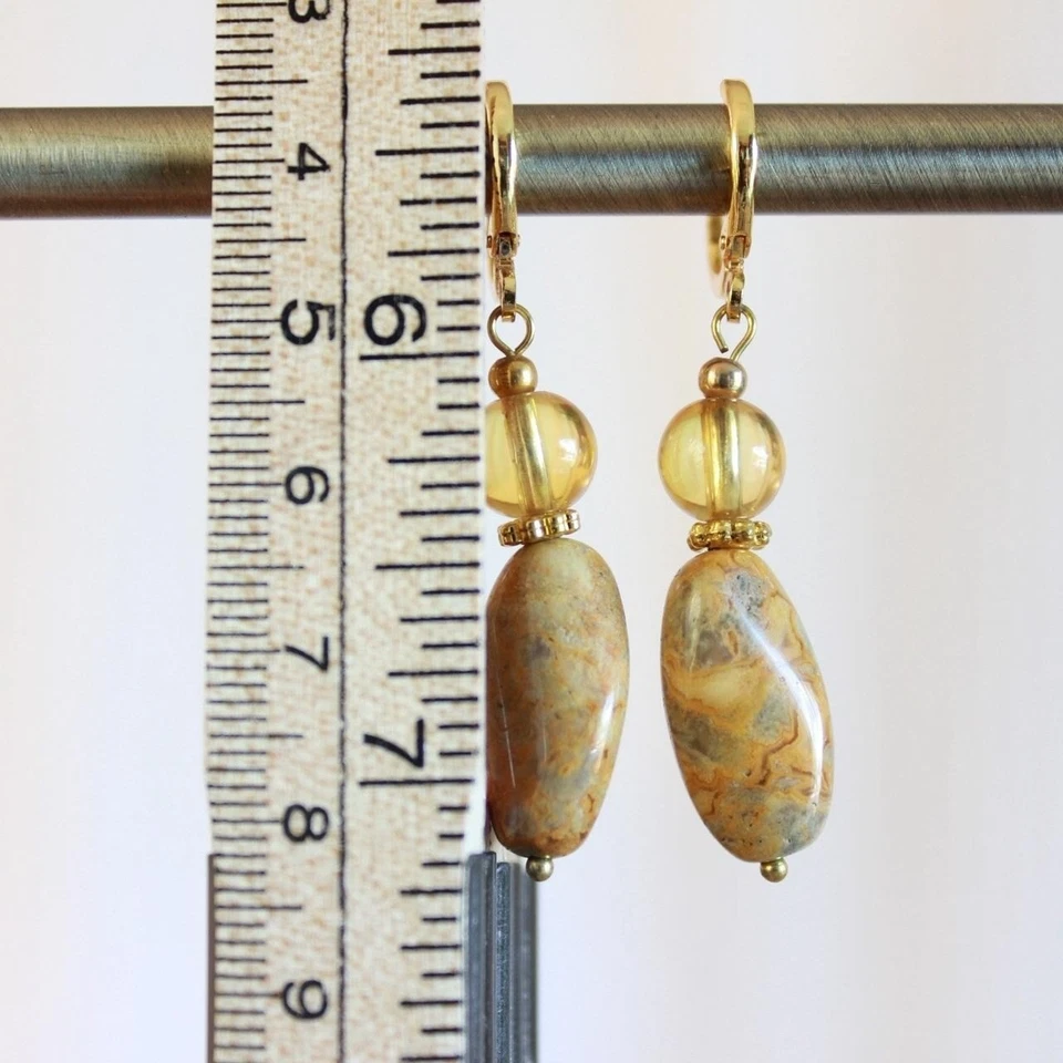 Pendientes colgantes hechos a mano de jaspe y vidrio amarillo con cuentas con palanca Desierto Boho Foto 2 de 3