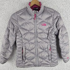 The North Face Girls Large Pink Gray Down 550 Puffer Insulated Winter Coat Zip