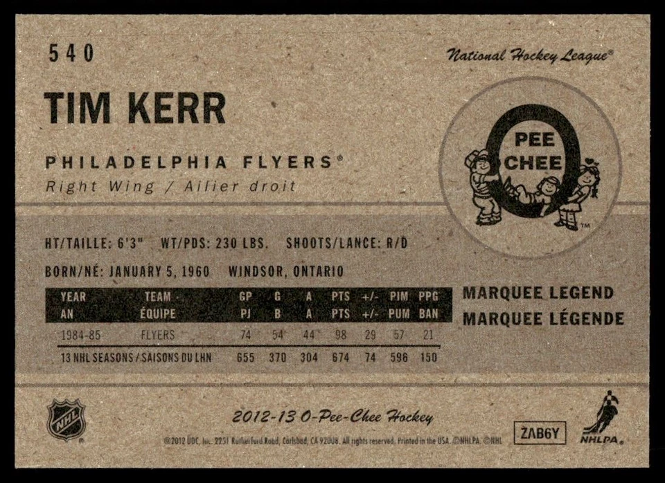 2012-13 O-Pee-Chee Retro Tim Kerr Philadelphia Flyers #540 - Image 2 of 2