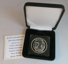 2008 QEII LEST WE FORGET GIBRALTAR SILVER PROOF &pound;5 FIVE POUND CROWN BOX & COA