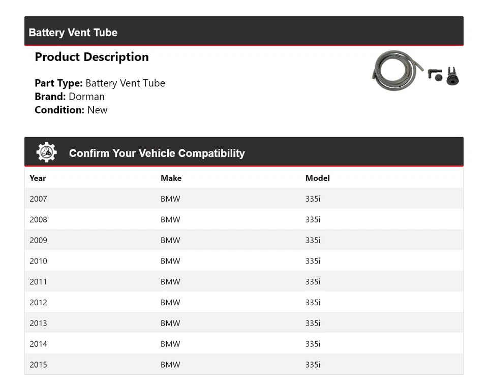 Tubo de ventilación de batería para BMW 335i Dorman 2007-2015 2008 2009 2010 2011 2012 2013 Foto 2 de 4