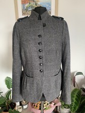 Zara Checked Grey Wool Mix Tweed Hacking Jacket Blazer Coat - Size Small
