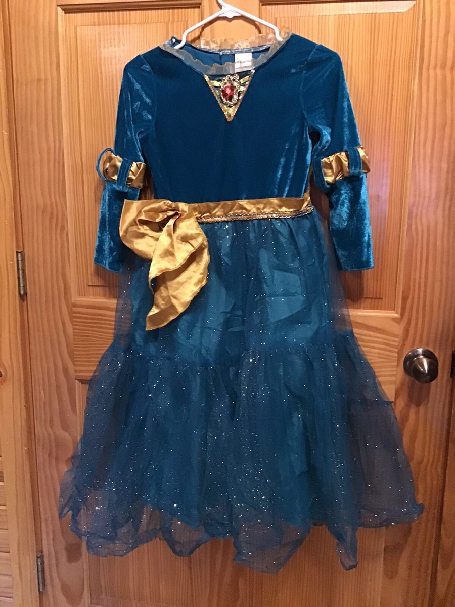 GIRLS ELEGANT DISNEY PRINCESS MERIDA TEAL/GOLD DRESS/COSTUME 7/8 | eBay