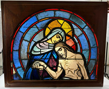 Großes Bleiglasfenster Antik um 1900 Madonna Mit Jesus Holzrahmen Bleiverglasung