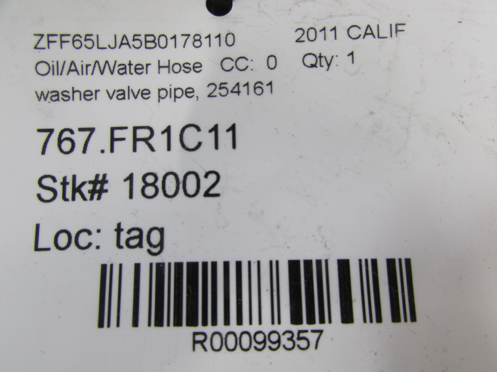 Ferrari California, Washer Valve Pipe, Used, P/N 254161