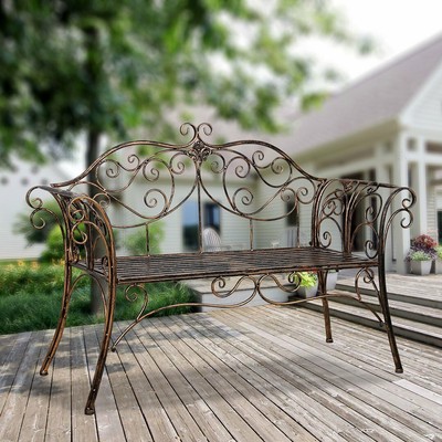 Garden Antique Wrought Iron Bench Loveseat Seats 2 Scrolled