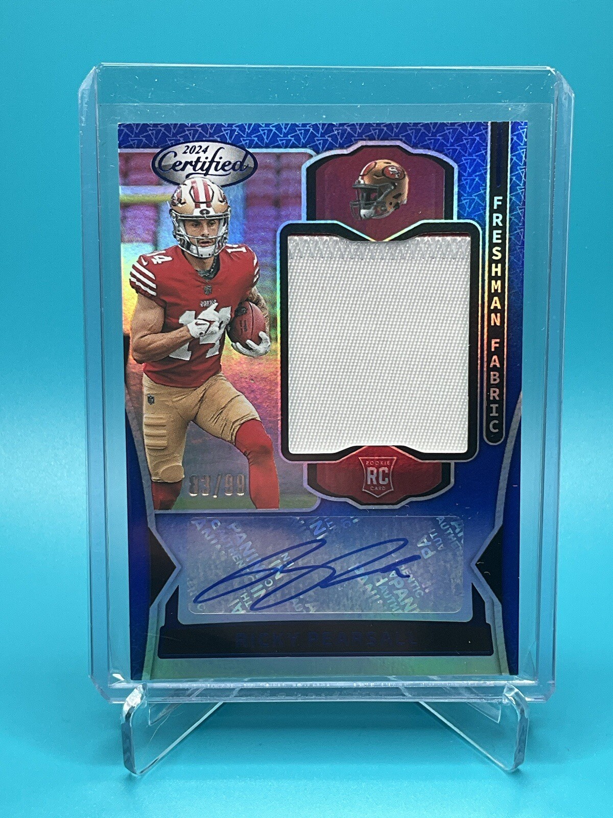 2024 Panini Certified Ricky Pearsall RC Freshman Fabric RPA Auto Patch Blue /99