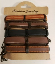 5 pack Men Women Brown Leather Bracelet for Cuff Wrap Wristband Set Gift