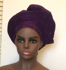 Aso-Oke African Headtie Auto Gele, Purple Kambili Women headwear Ready Made Gele