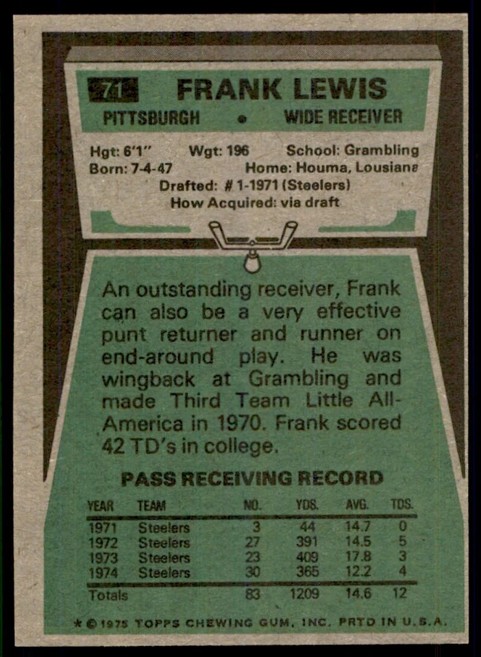 1975 Topps Frank Lewis Pittsburgh Steelers #71 - Image 2 of 2