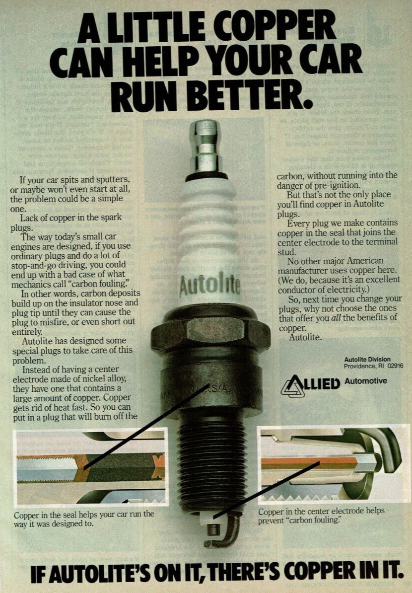 1984 Vintage Print Ad A Little Copper Can Help Your Car Run Better Autolite's On