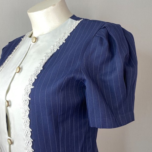 Vintage 1980s navy blue sailor crop top, short puff sleeves nautical Victorian L - Picture 6 of 10