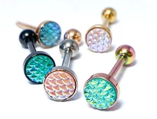 1pc Iridescent Fish Scale Flat Top Tongue Ring Barbells Tounge Body Jewelry