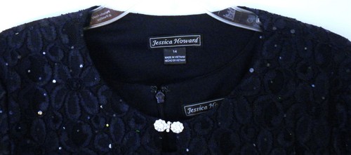 JESSICA HOWARD NAVY BLUE SLEEVELESS SEQUIN 2 PC DRESSY DRESS LACE JACKET 14 NWT! - Picture 4 of 10