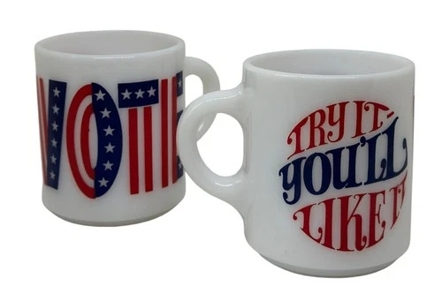 VTG 1970 Milk Glass Mugs 2Pc Patriotic Vote Try It Youll Like It MCM Collectible