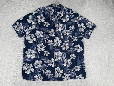 George Shirt Adult Large Blue White Floral Leaf Button Up Hawaiian 100% Rayon