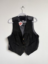 Genuine Leather Black Fringe Western Vest Men's Size L Nylon Lining