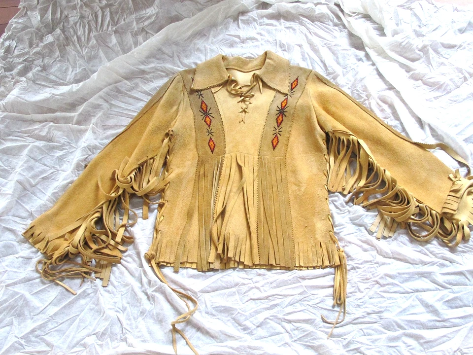 American Native Western Jacket Buckskin Suede Leather Fringe Beads War Shirt - Image 2 of 4