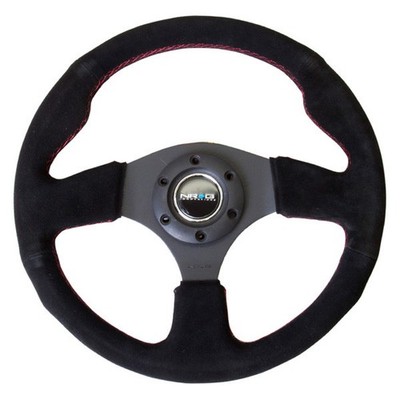 3-Spoke Race Style Black Suede Reinforced Steering Wheel w Red Stitching