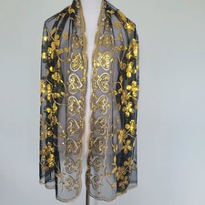 Large Women's Gold and Black Embroidered Sequin Scarf Shawl Wrap One Size NWOT