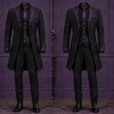 Black Gothic Tailcoat Men's Suit Purple Floral Embroidery Wedding Party 3 Pieces