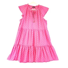 Tommy Hilfiger Womens Trellis Tiered Ruffle Tie Neck Dress Plus Size 16 Pink