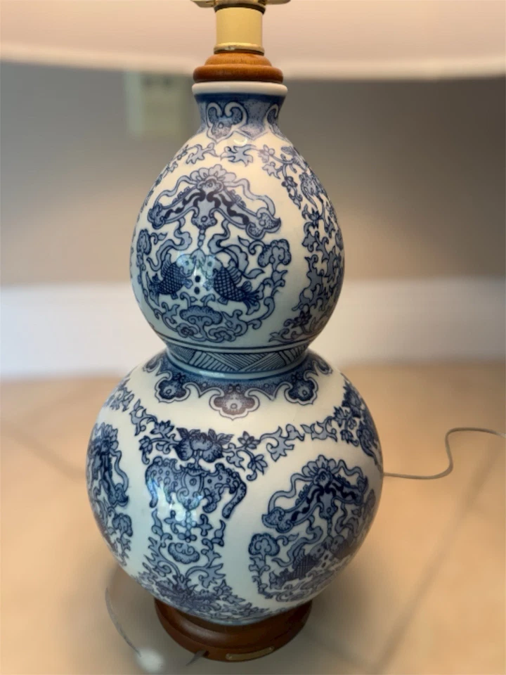 Ralph Lauren 26" Large Table Lamp Porcelain With Shade Floral Koi Blue & White - Image 3 of 4