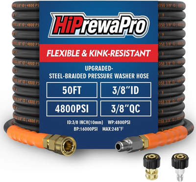 #ad 3 8quot; ID Pressure Washer Hose 50 Ft 4800 PSI Steel Braided amp; Durable Flexible $102.25
