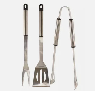 3tlg BBQ Werkzeug Set Utensil Camping Outdoor Edelstahl Barbecue Grillzange