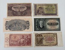 Czechoslovakia 10 20 50 100 Korun Banknotes (Lot of 6)