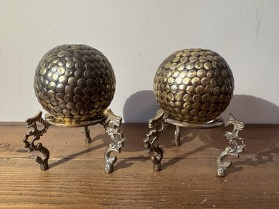 Two Brass Spheres On dragon stand Tripods 3  Spheres 