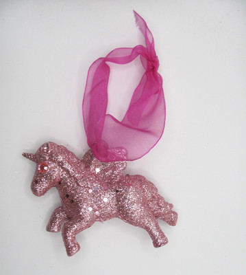 NEW STYROFOAM PINK GLITTER COVERED UNICORN ORNAMENT W/ PINK GEM EYES
