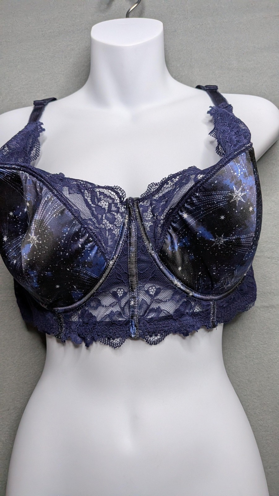 Adore Me Longline Bra Womens 38H Blue Satin Lace Star Print Underwire Sheer