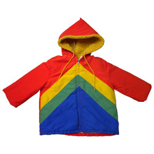 Vintage 1960's 2T Toddler's Zip Up Puffer Jacket Striped Fleece Lined Hood IDEAL