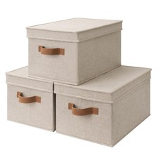 StorageWorks Fabric Storage Bins with Lids, Decorative Storage Bins with PU H...
