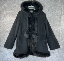 Vtg Y2K Metro Style Penny Lane Black Faux Fur Trim Coat Hooded Size 12 (L)