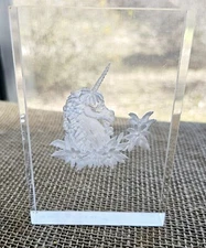 Vintage 1978 Dekels Lucite Reverse Etched Unicorn Paper Weight 3.5"x5"