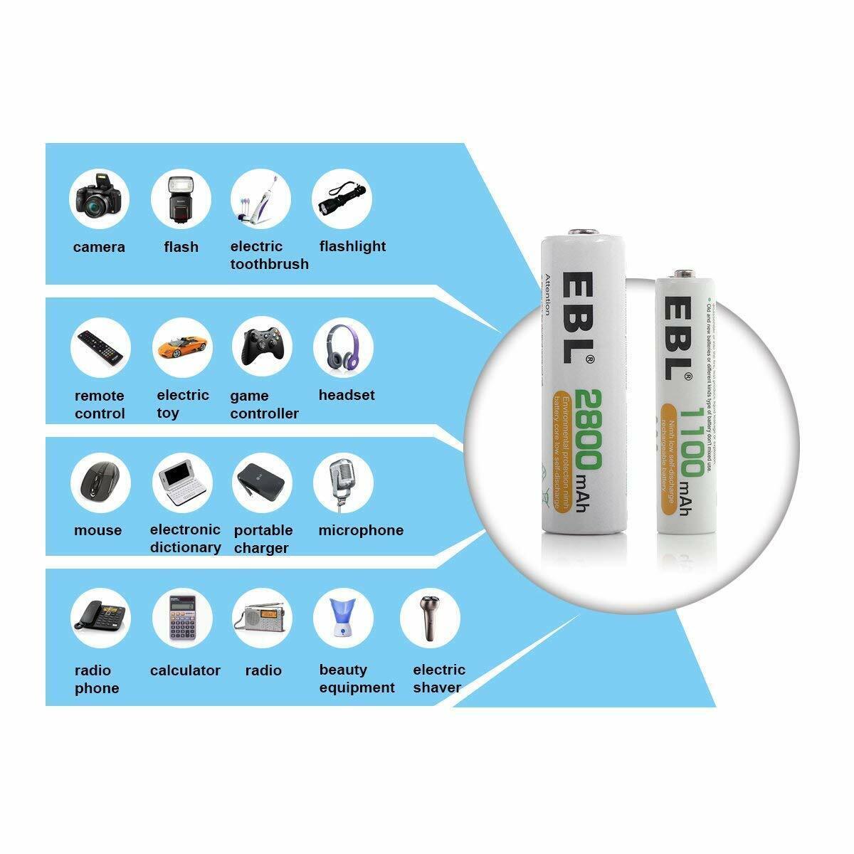 EBL 1.2V AA AAA NIMH Rechargeable Batteries 1100mAh 2800mAh,optional Charger lot