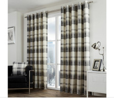 Image of BALMORAL CHECK Grey Slate Natural Tartan Eyelet Ring top Curtains & cushion