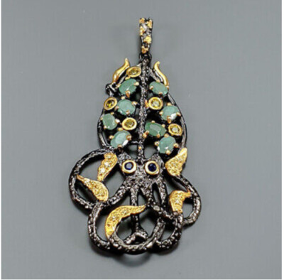 Handgefertigter natürlicher Smaragd Oktopus Tintenfisch Anhänger 925 Sterlingsilber & 14k Gold