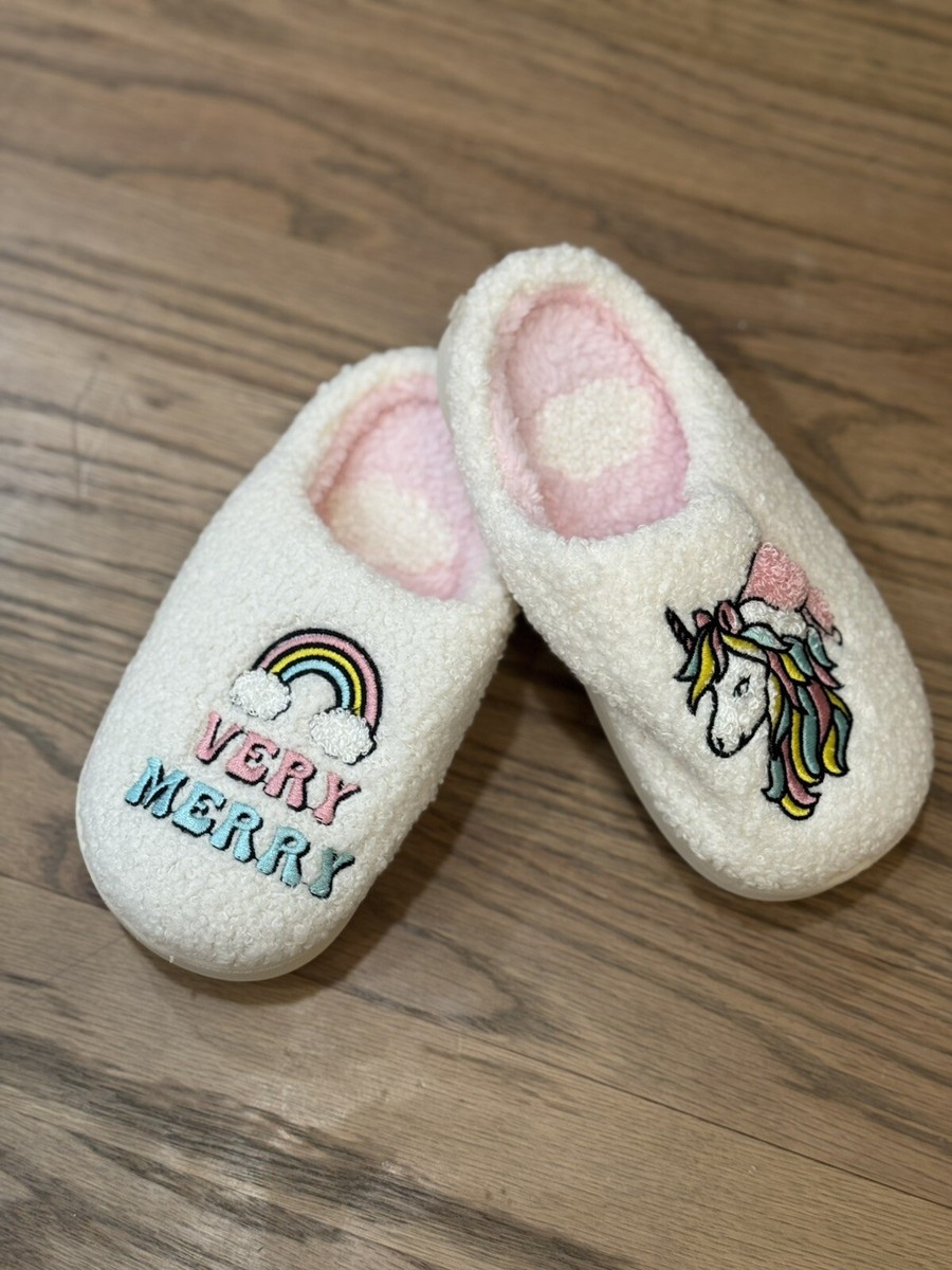 Girls Very Merry Unicorn Rainbow Slip On Slippers NWT Small