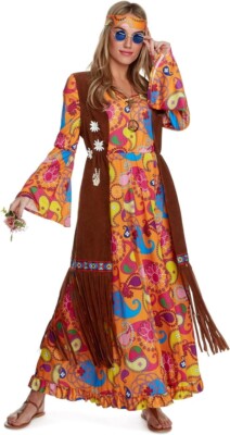 Morph Kostüme Hippie Kostüm Damen 70er Jahre Damen Erwachsene Hippie Kleid: SMALL 8-10