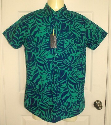 NWT Broken Threads Navy/Green Palm Fronds 100% Cotton S/S Button-Up Camp Shirt M